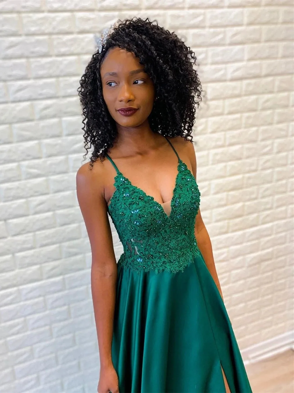 A Line V Neck Backless Lace Green Prom with Split, Backless Green Lace Formal, Green Lace Evening