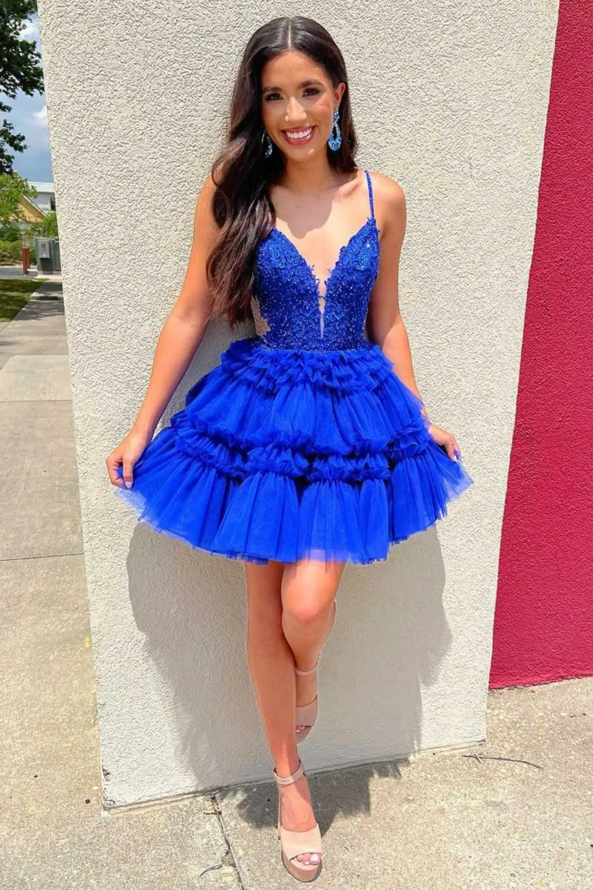 A Line V Neck Beaded Blue Lace Prom Dress, Short Blue Lace Homecoming Dress, Blue Formal Evening Dress A2173