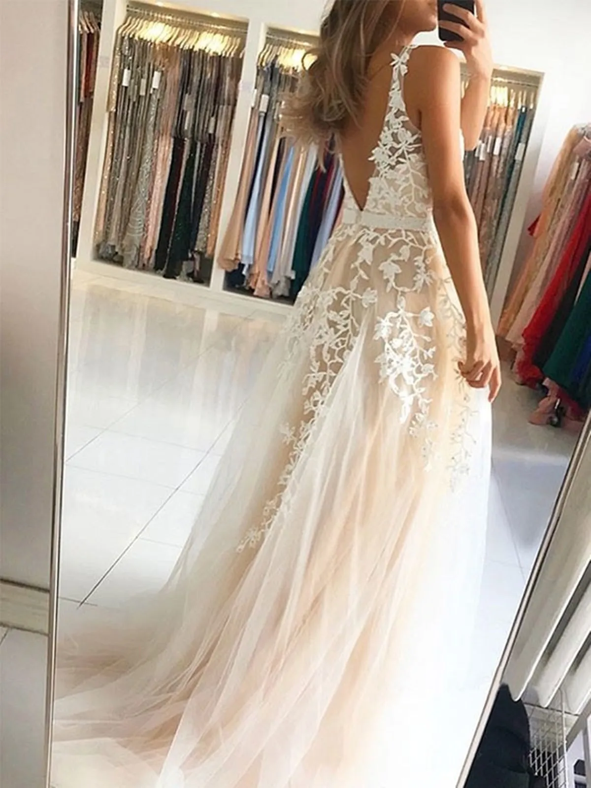 A Line V Neck Light Champagne Lace Long Prom Dresses, Open Back Light Champagne Lace Formal Evening Dresses