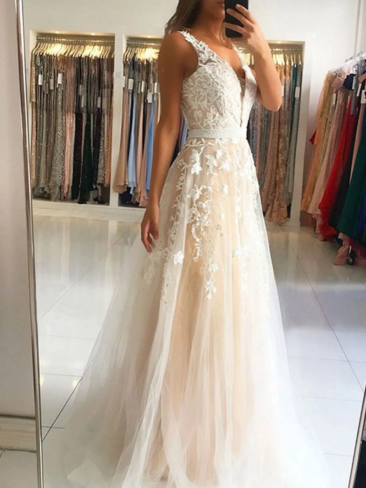 A Line V Neck Light Champagne Lace Long Prom Dresses, Open Back Light Champagne Lace Formal Evening Dresses