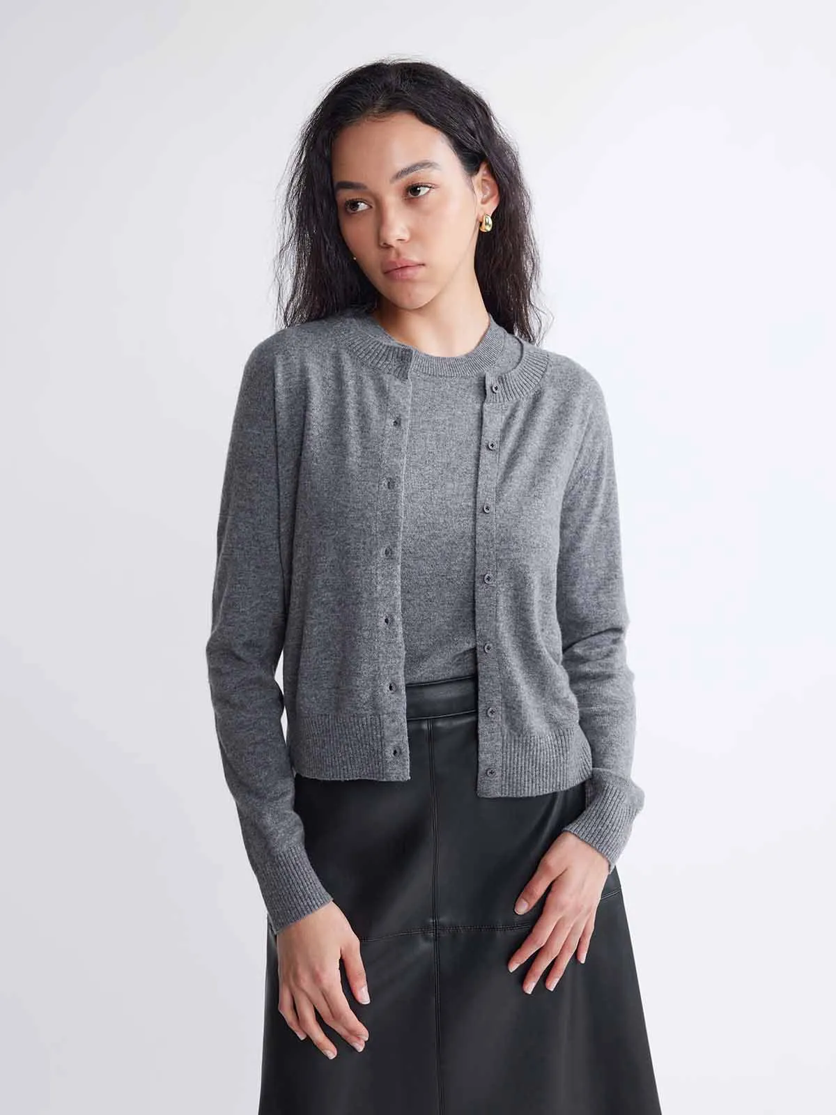 ASOBIO Lightweight 100% Wool Crewneck Cardigan