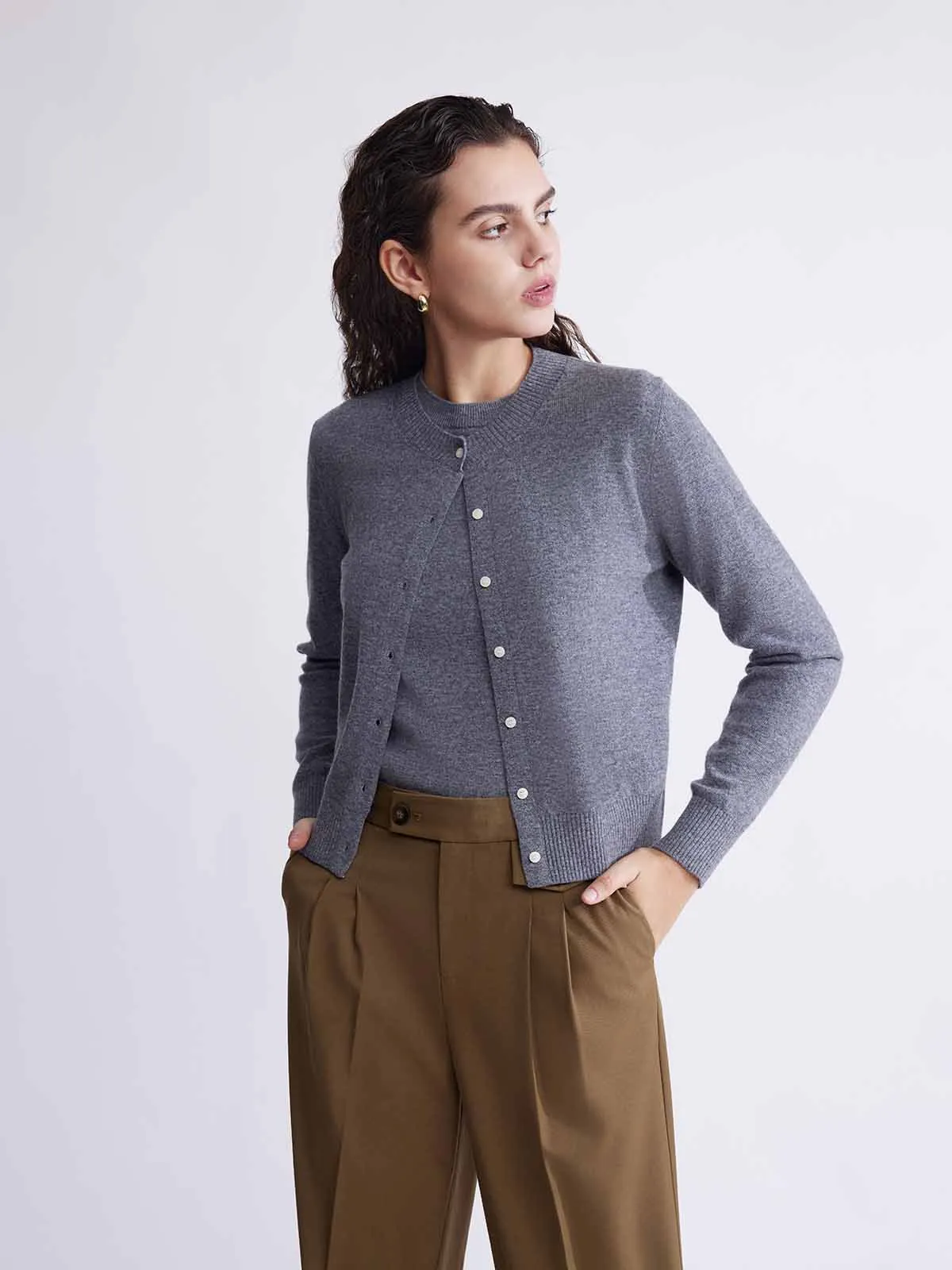 ASOBIO Lightweight 100% Wool Crewneck Cardigan