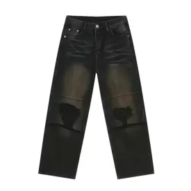 Black Desert Wash Blowout Knee Wide Leg Jeans