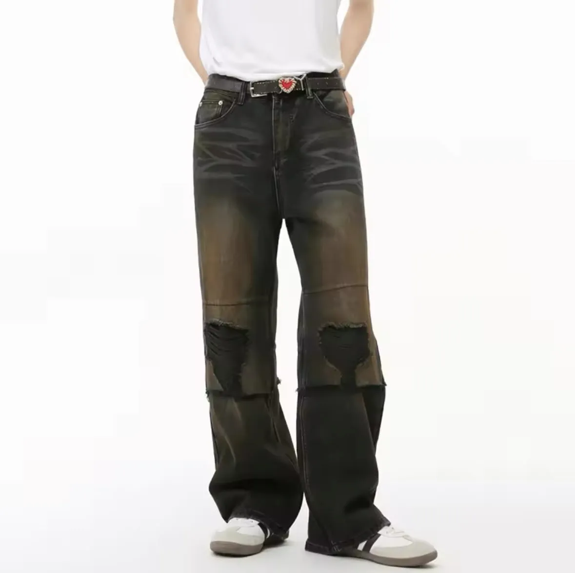 Black Desert Wash Blowout Knee Wide Leg Jeans