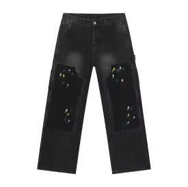 Black Paint Splatter Double Knee Wide Leg Jeans