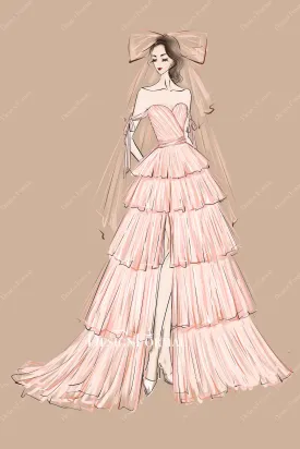 Blushing Pink Bow Veil Off Shoulder Dress Sketch