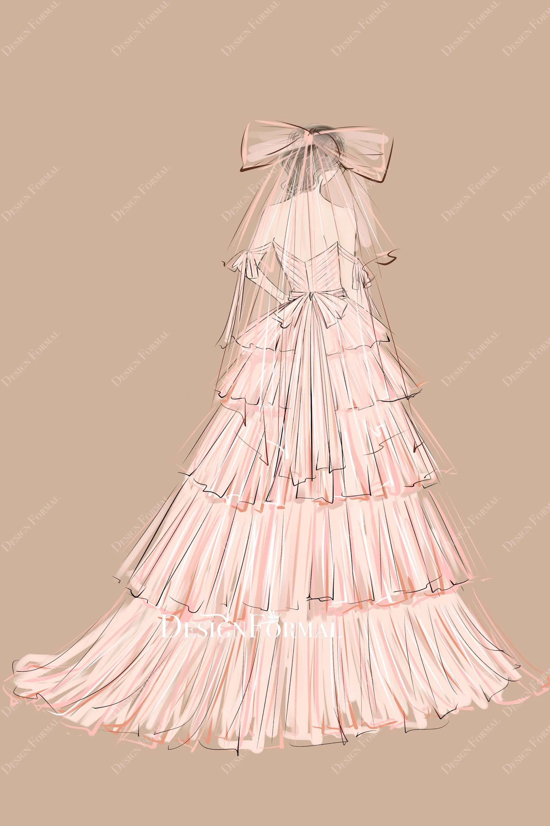 Blushing Pink Bow Veil Off Shoulder Dress Sketch