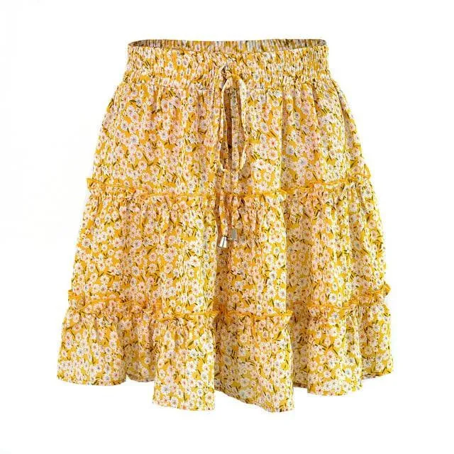 Bohe High Waist Ruffled Floral Print Beach Short