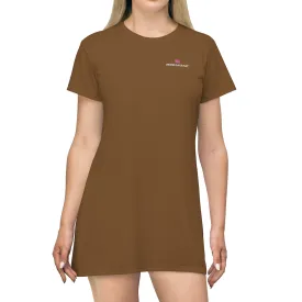 Brown T-Shirt Dress, Solid Color Crewneck Long Tee Shirt Dress For Women - Made in USA