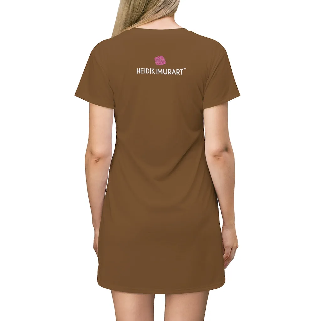 Brown T-Shirt Dress, Solid Color Crewneck Long Tee Shirt Dress For Women - Made in USA