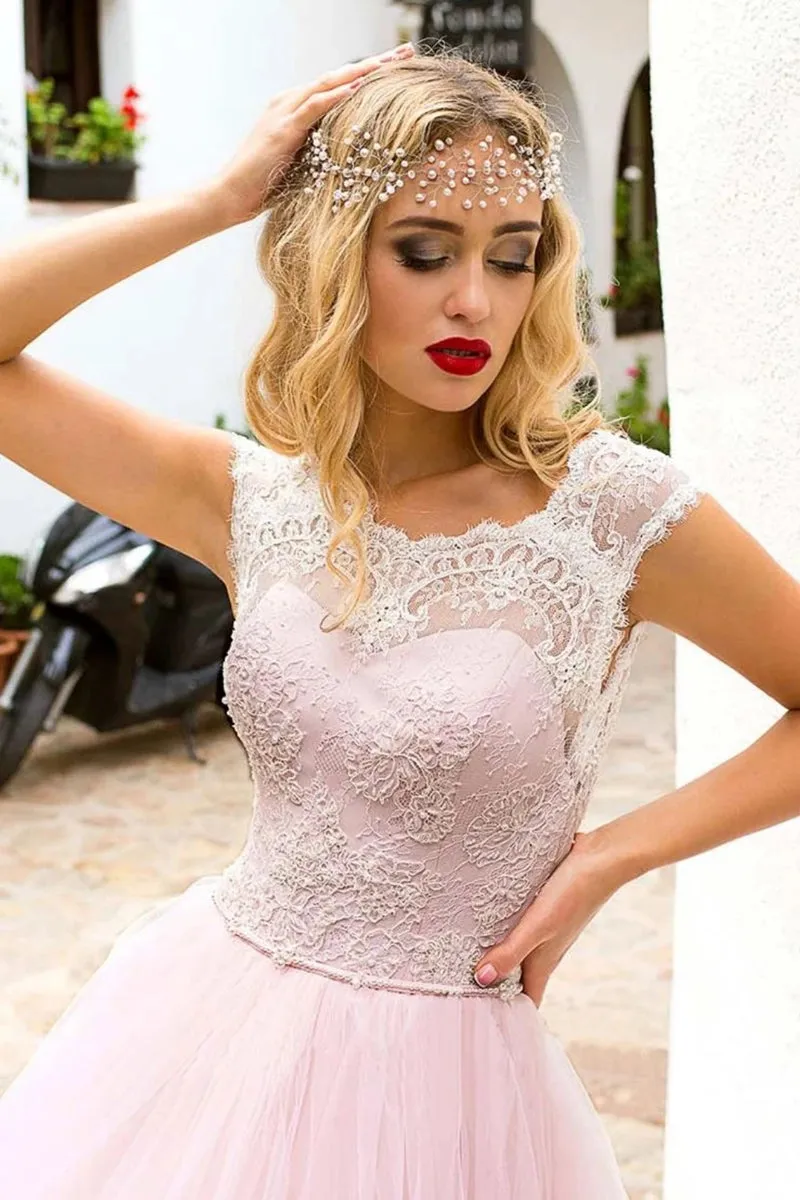 Cap Sleeves Lace Pink Tulle Long Prom Dress, Pink Lace Formal Evening Dress, Pink Sweet 16 Dress