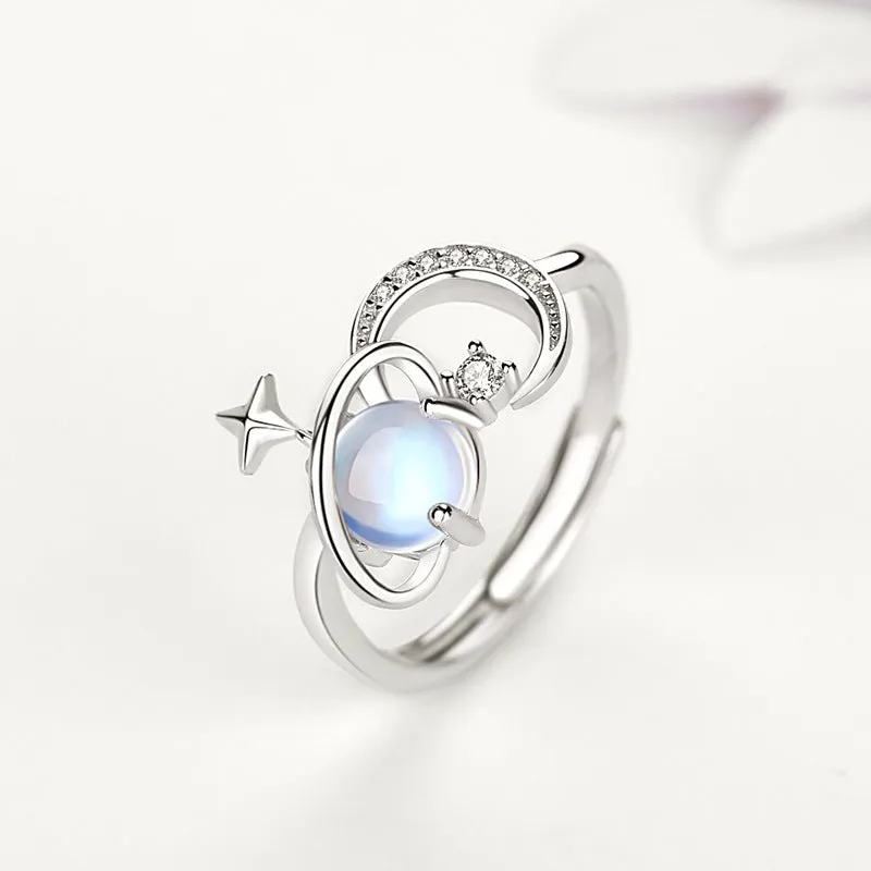 Custom Moonstone Planet Matching Wedding Rings