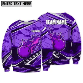 Custom Name And Team Name Sweatshirt Shirt, Purple Fire Bowling Ball Player 3D Christmas Shirt