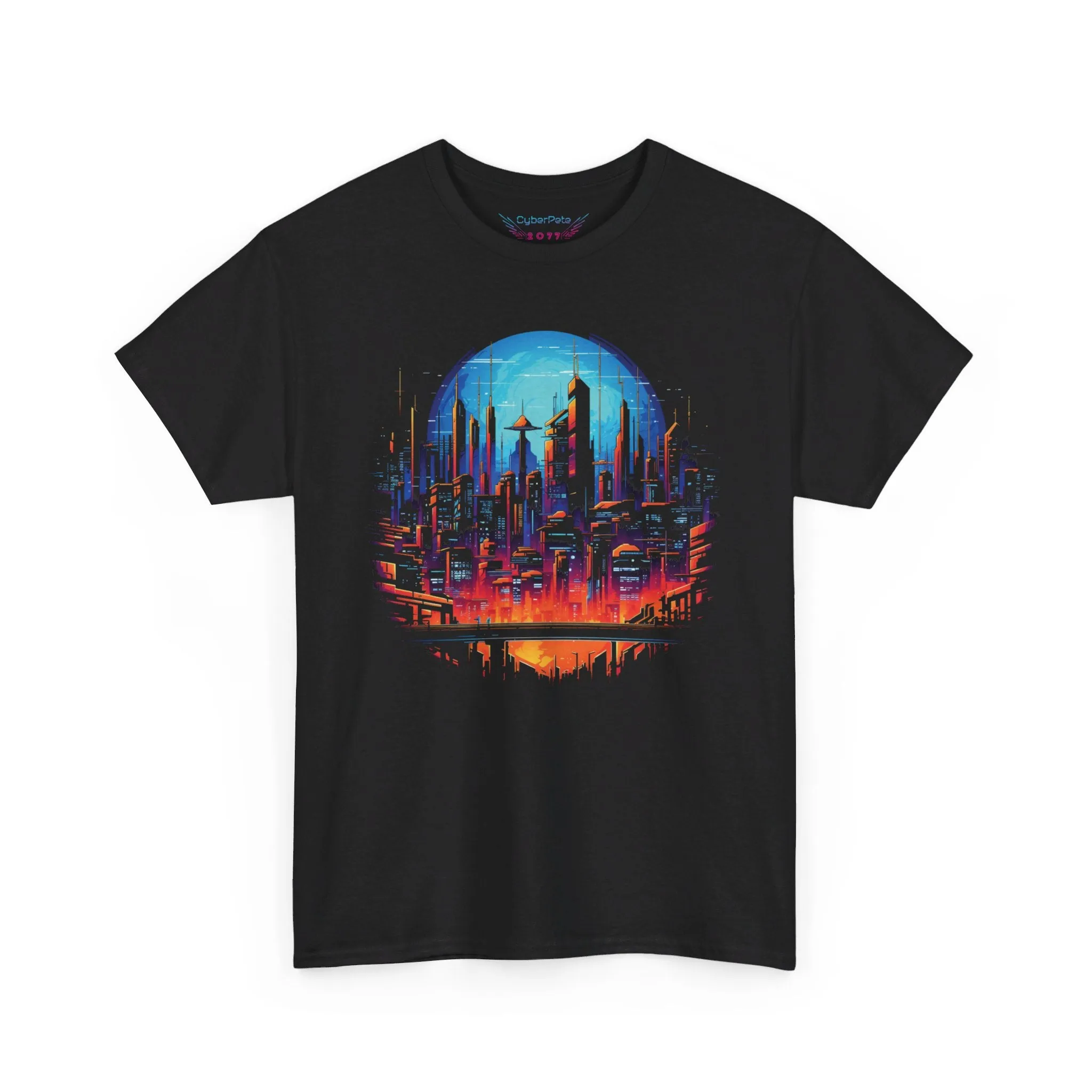 Cyberpunk Skyline T-Shirt Vollmond | T-Shirt für Cyberpunk und Retrowave Fans