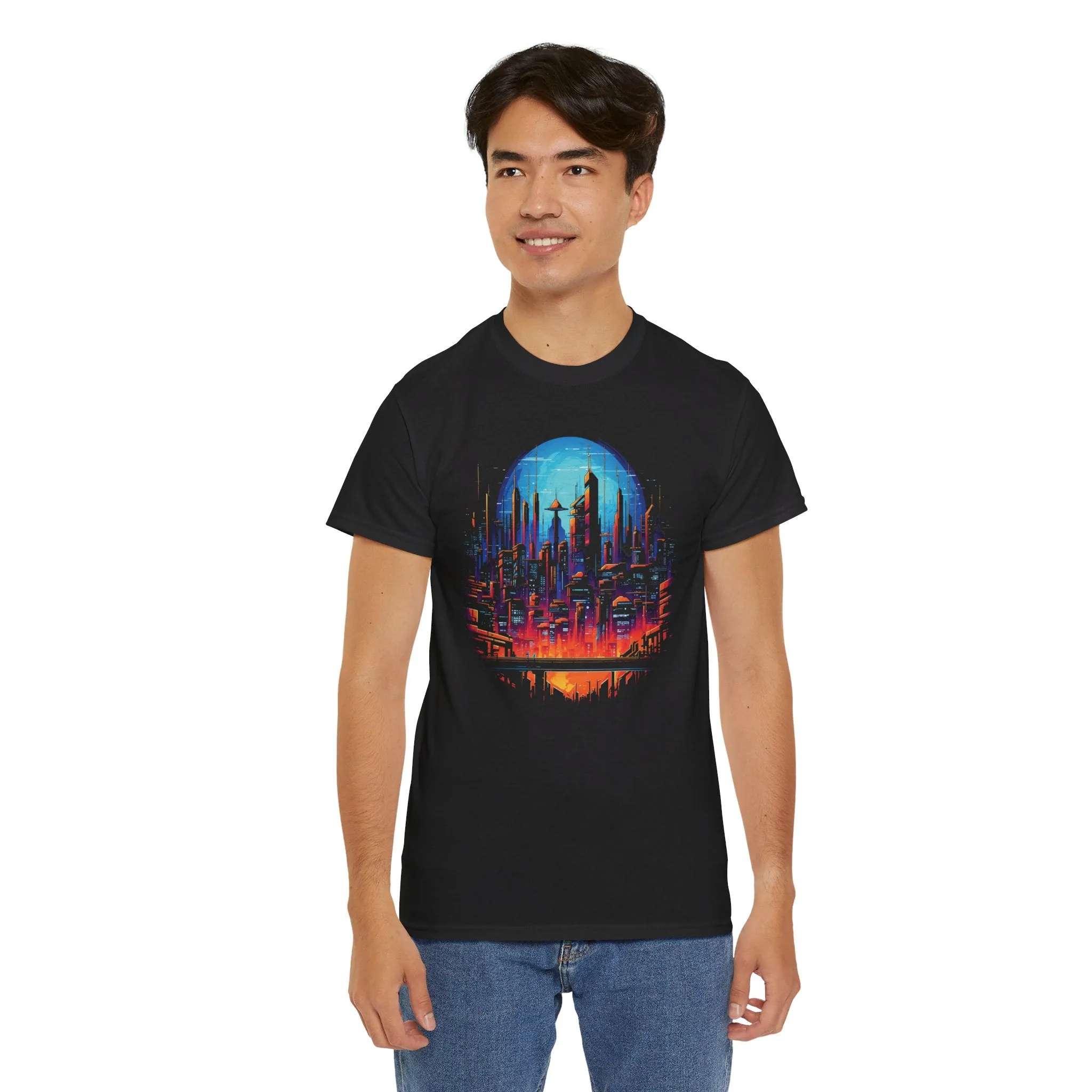 Cyberpunk Skyline T-Shirt Vollmond | T-Shirt für Cyberpunk und Retrowave Fans