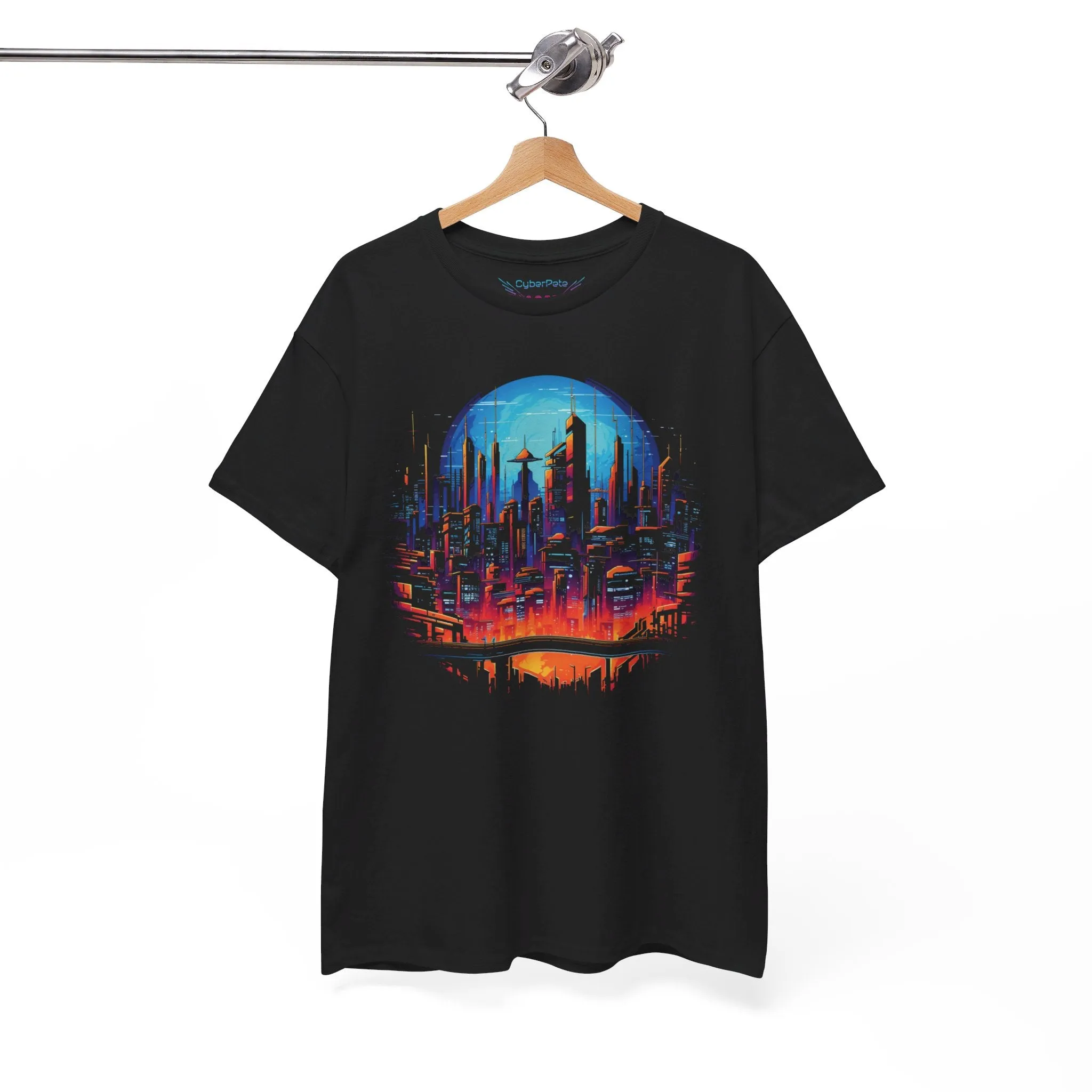 Cyberpunk Skyline T-Shirt Vollmond | T-Shirt für Cyberpunk und Retrowave Fans