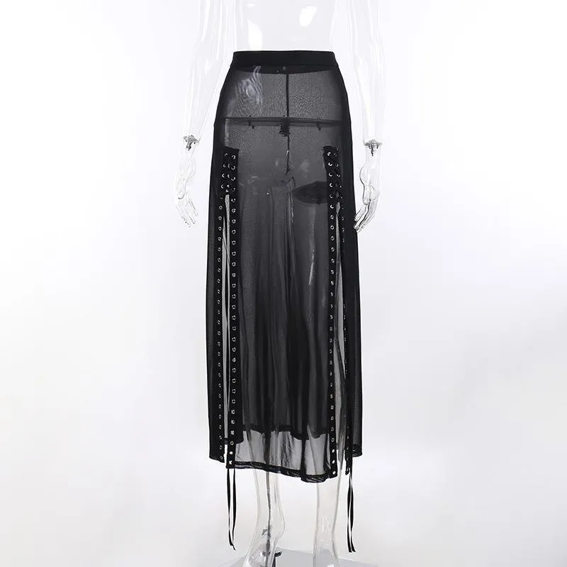 Dark Mesh See Through Long Skirt