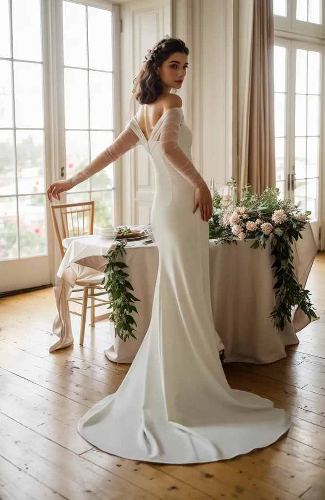 Elegant off-the-shoulder tulle long sleeves stretchy fit and flare Satin wedding dress