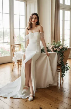 Elegant off-the-shoulder tulle long sleeves stretchy fit and flare Satin wedding dress