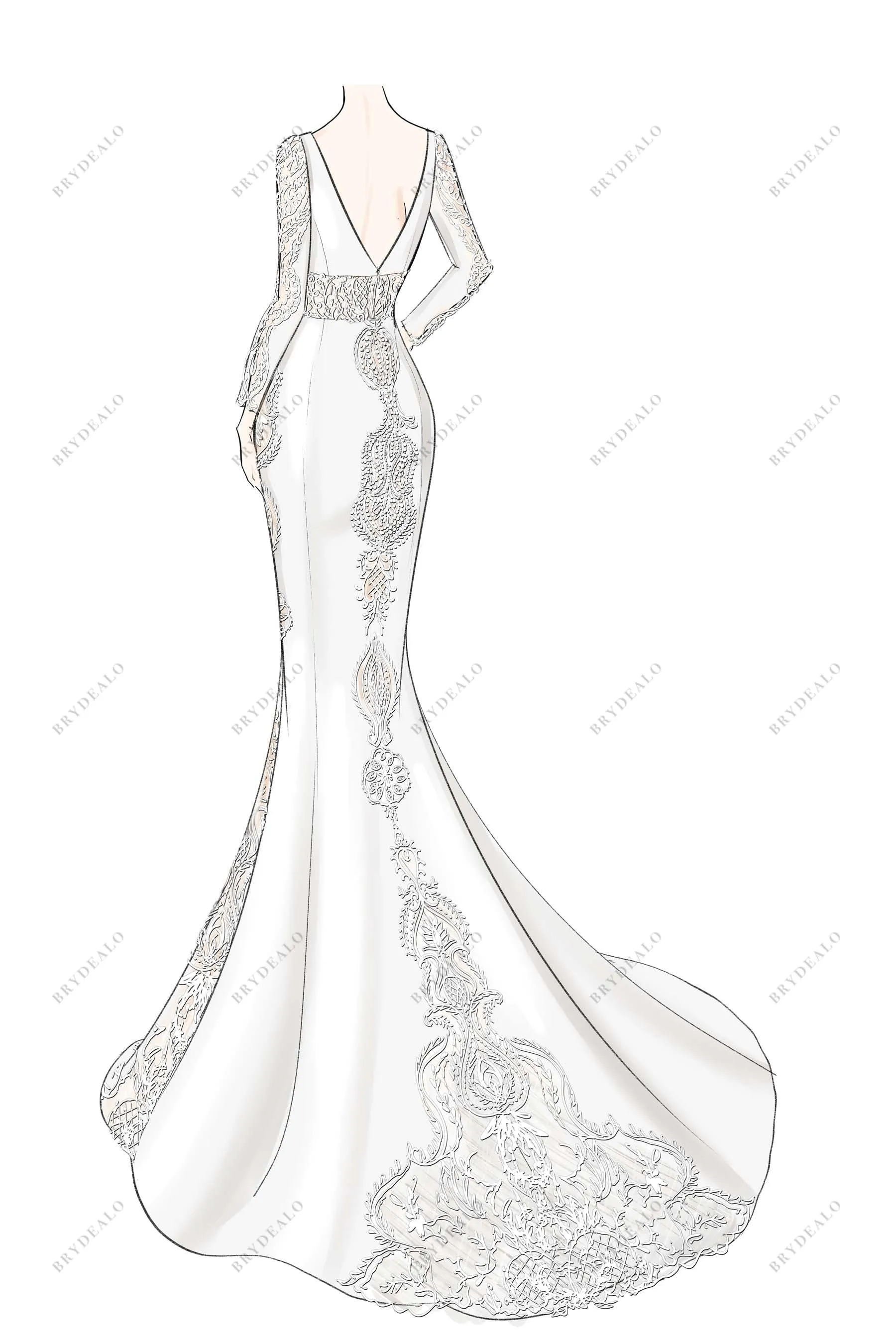 Elegant V-neck Appliqued Sleeve Crepe Mermaid Designer Dress Sketch