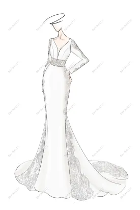 Elegant V-neck Appliqued Sleeve Crepe Mermaid Designer Dress Sketch