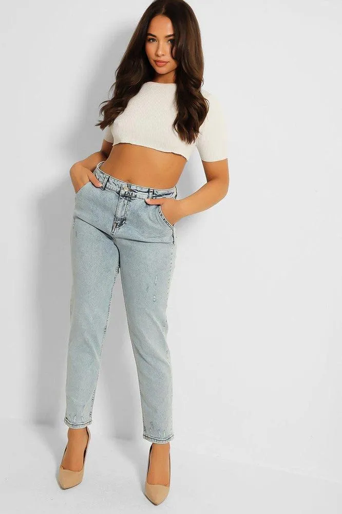 Faded Blue Stone Wash Straight Leg Jeans