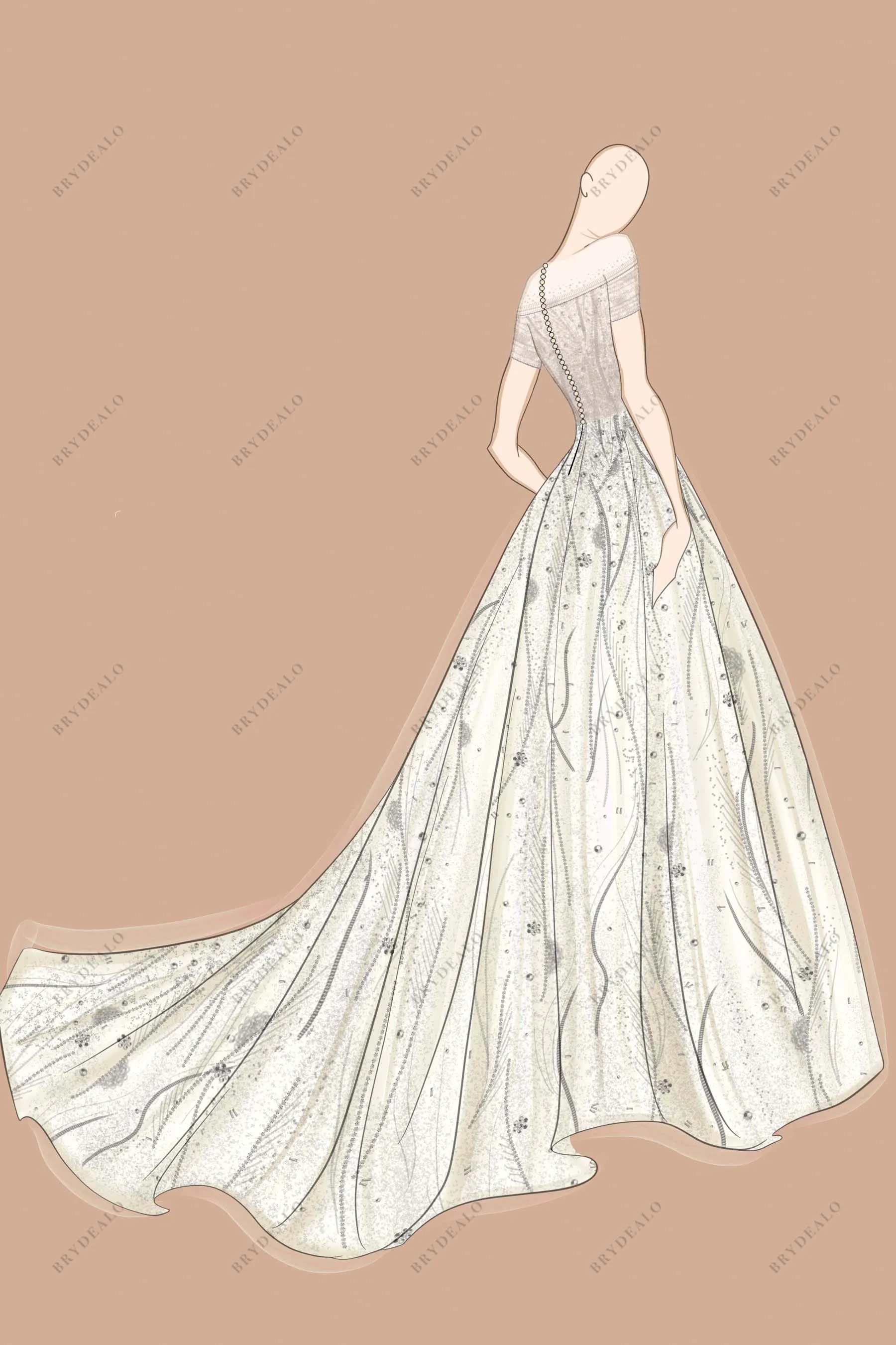 Fairy Floral Off Shoulder Garden Bridal Ball Gown Sketch