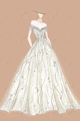 Fairy Floral Off Shoulder Garden Bridal Ball Gown Sketch