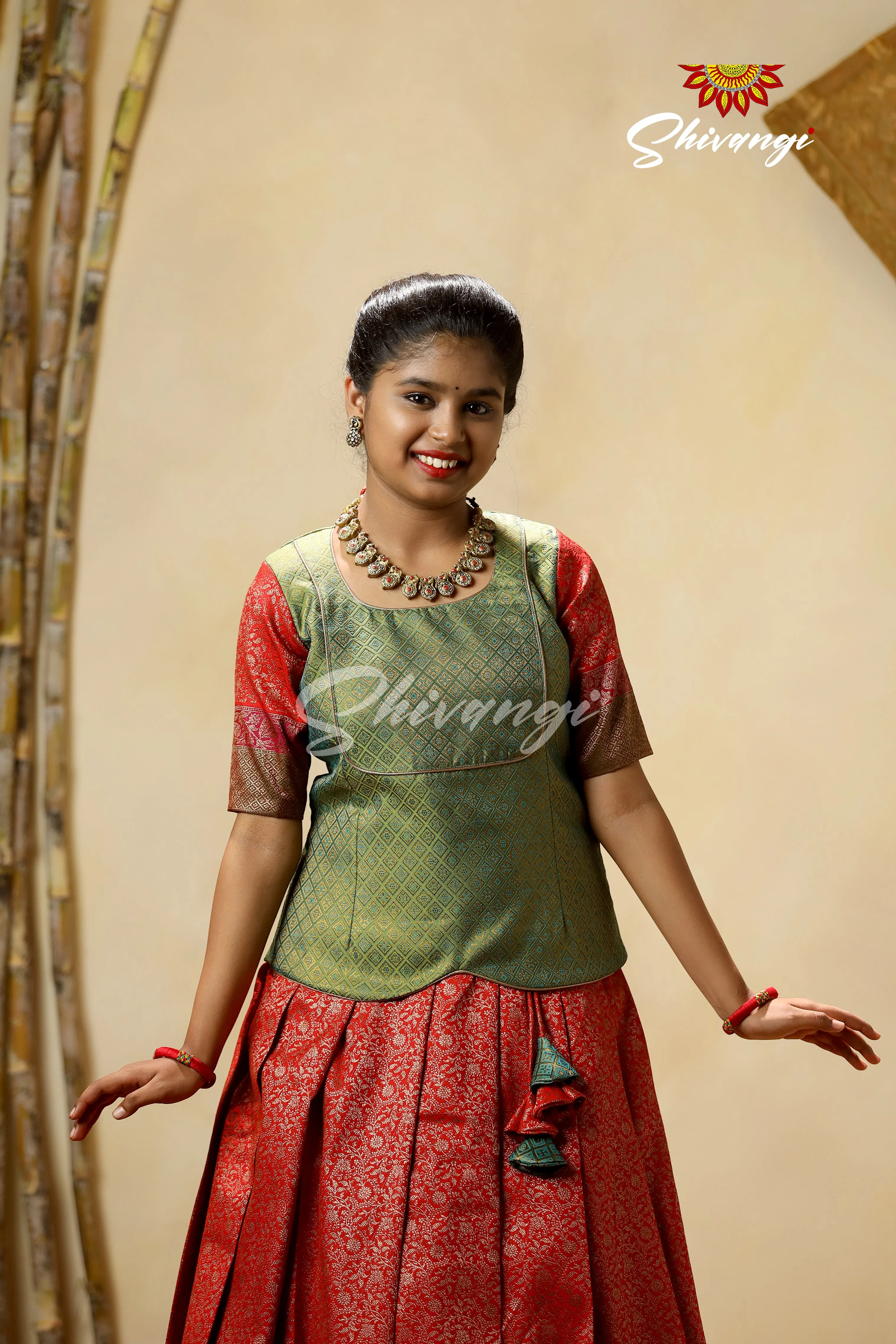 Festive Collection - Red Antique Garden Pattu Pavadai