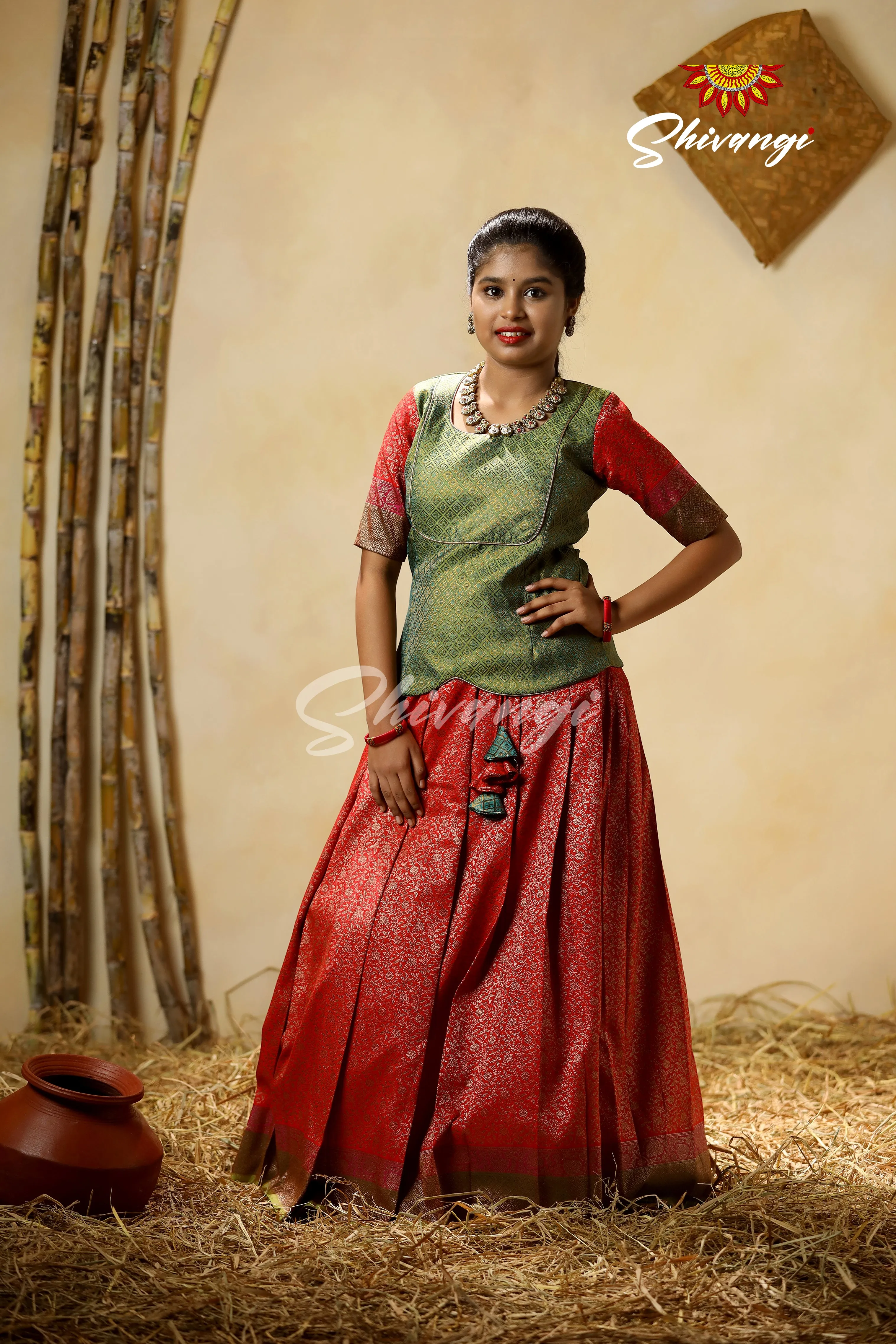 Festive Collection - Red Antique Garden Pattu Pavadai