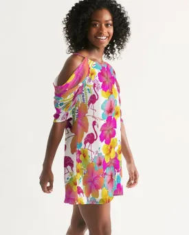 Flamingos Hibiscus Floral Cold Shoulder Dress