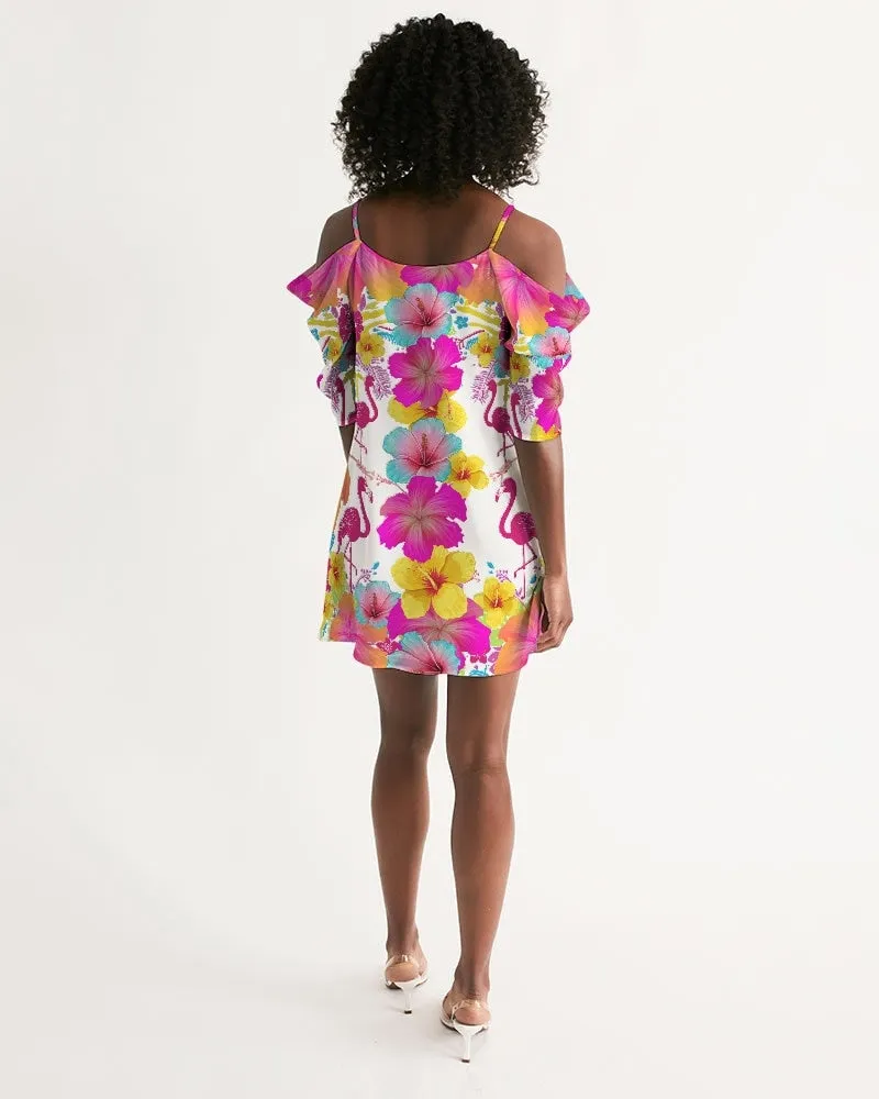 Flamingos Hibiscus Floral Cold Shoulder Dress