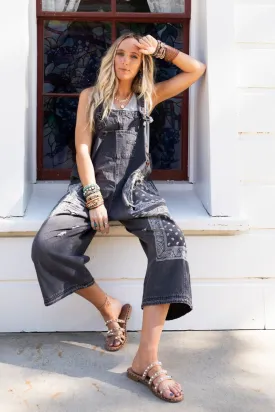 High Hopes Slouchy Denim Overalls - Black Bandana