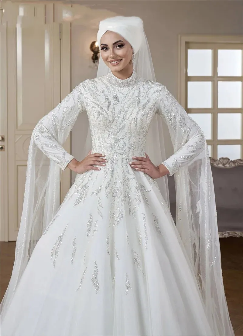 High Neck Luxury Sequins Islamic Hijab Muslim Wedding Dress Arabic Dubai Bridal Gown