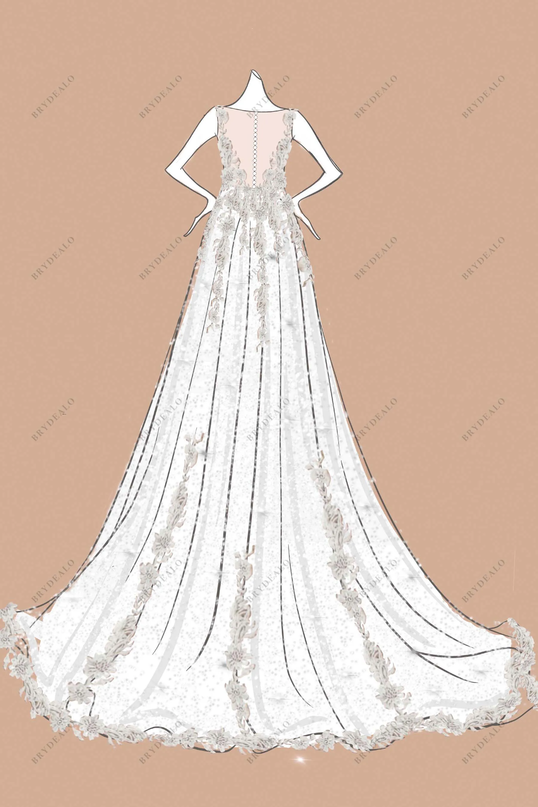 Illusion Neck Designer Lace Sleeveless A-line Bridal Dress Sketch