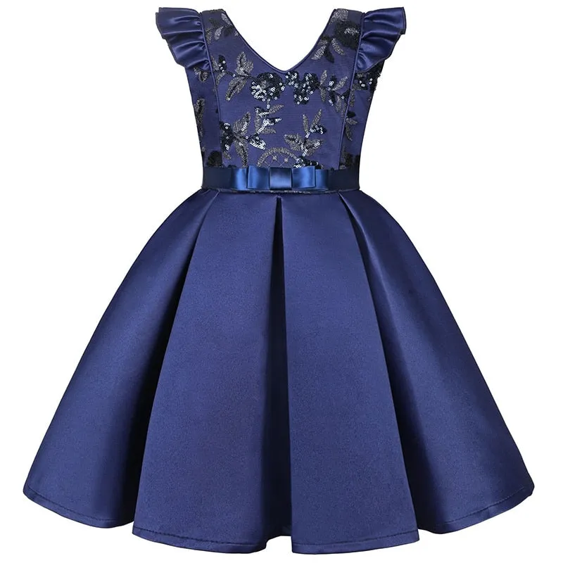 Kids Girl Flower Sequins Party Dress Toddler Infant Bow Children Dress for Girl - KGD8327