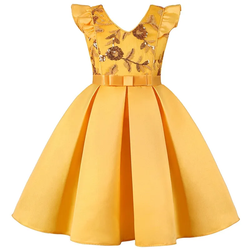 Kids Girl Flower Sequins Party Dress Toddler Infant Bow Children Dress for Girl - KGD8327