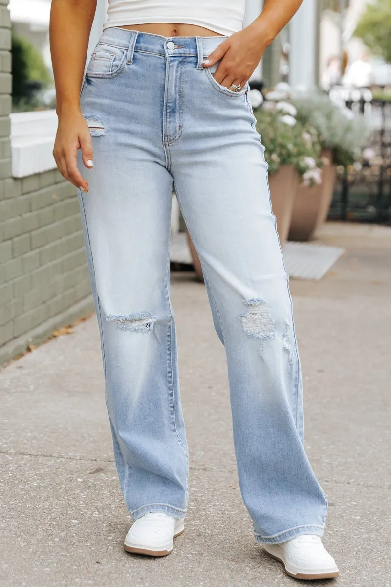 Light Wash Super High Rise Distressed Dad Jeans