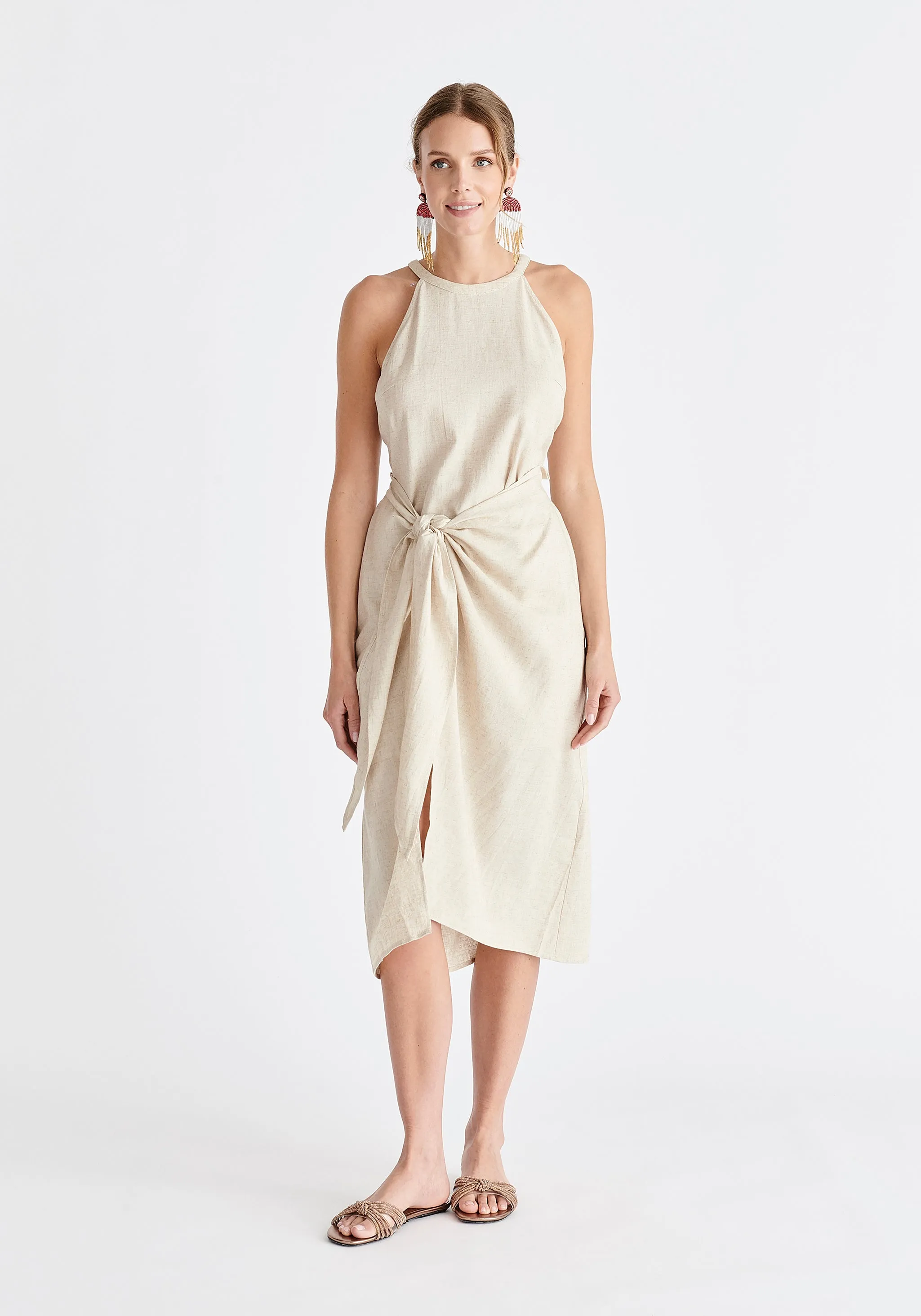 Linen Blend Waist Tie Dress