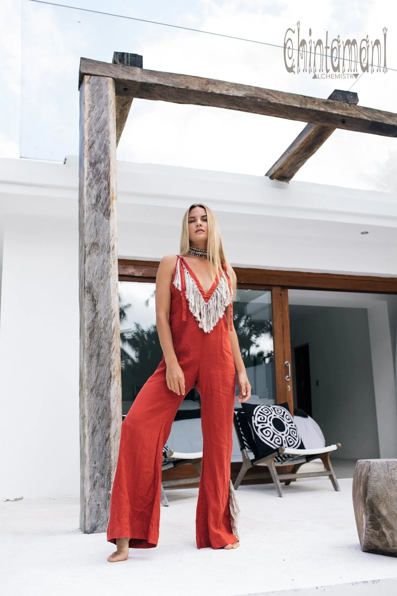 Long Linen Boho Jumpsuit with Fringes for Women / Vneck Overalls / Red Ochre