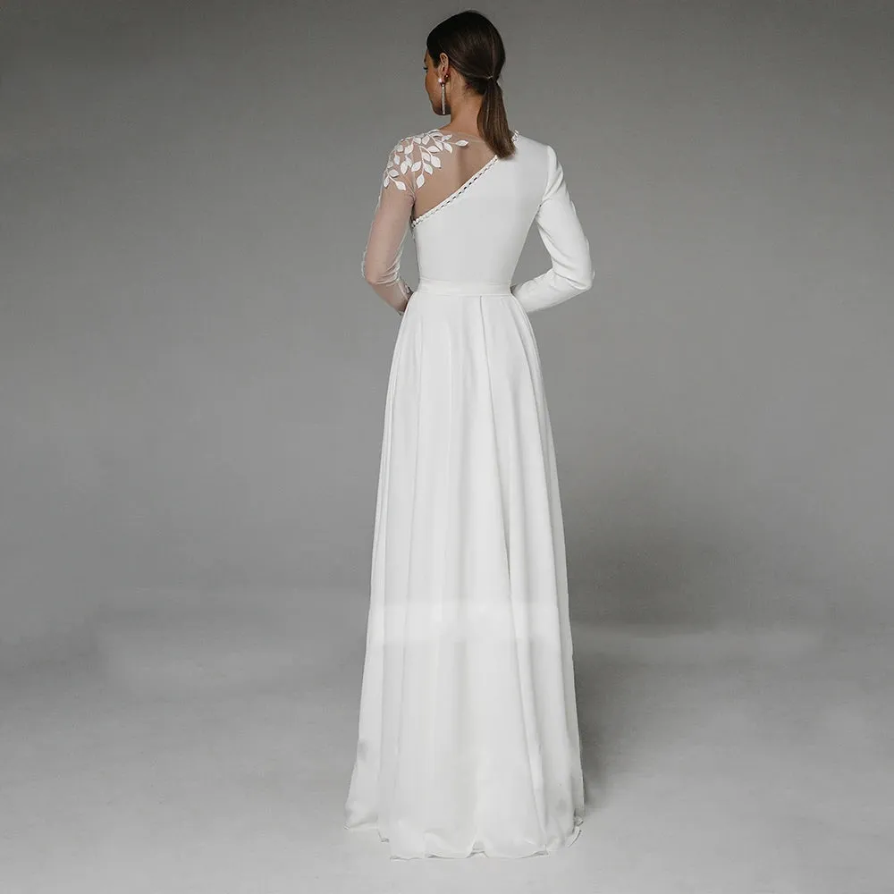 Long Sleeve Asymmetrical Side Slit Wedding Dress with Appliqué – Floor-Length Bridal Gown