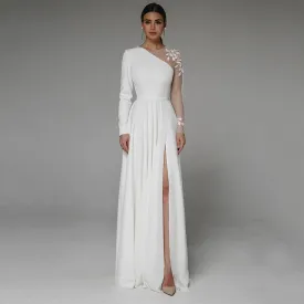 Long Sleeve Asymmetrical Side Slit Wedding Dress with Appliqué – Floor-Length Bridal Gown