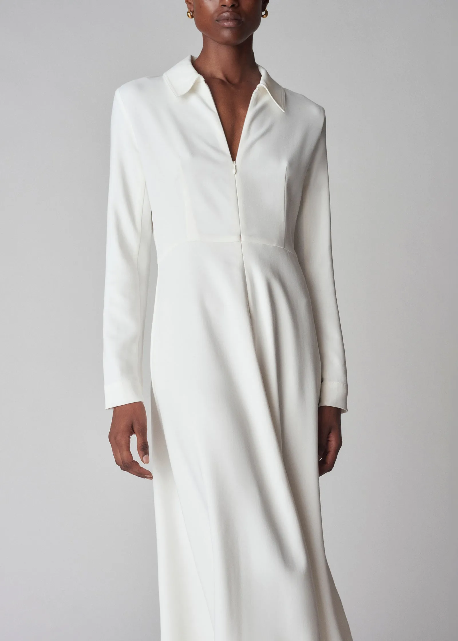 Long Sleeve Shirt Dress  in Crepe - Ivory