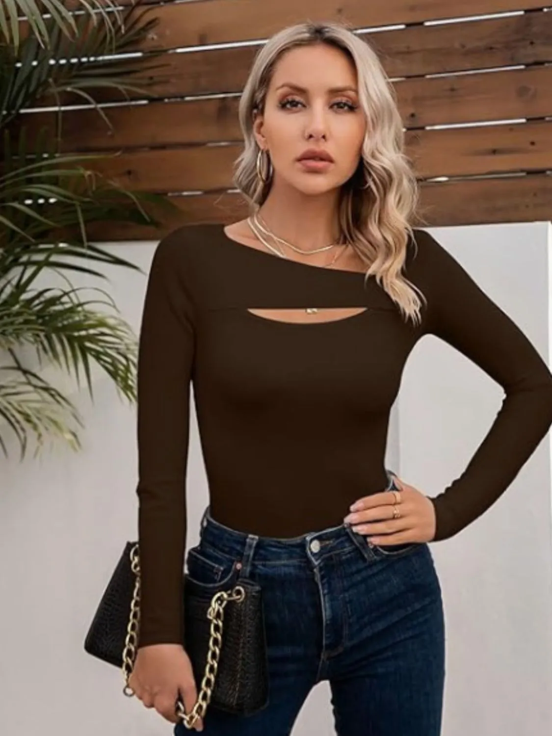 Long Sleeve T-Shirt Cotton Women's Basics Asymmetrical Neck Cutout Design Tight Slim Fit Top