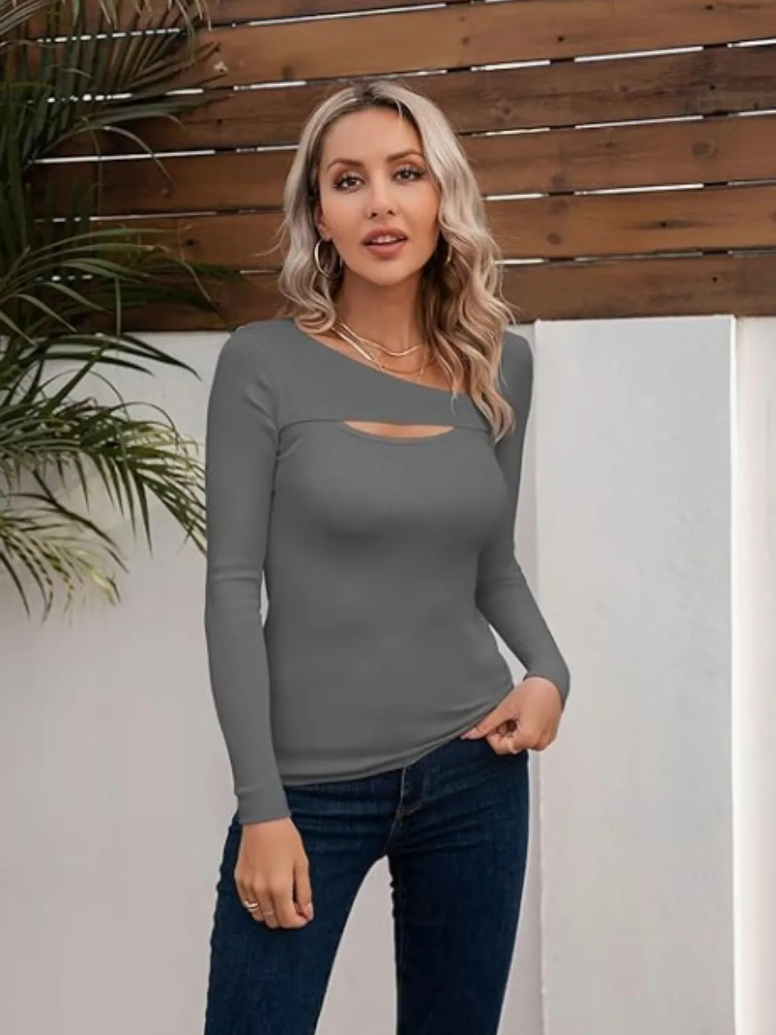 Long Sleeve T-Shirt Cotton Women's Basics Asymmetrical Neck Cutout Design Tight Slim Fit Top