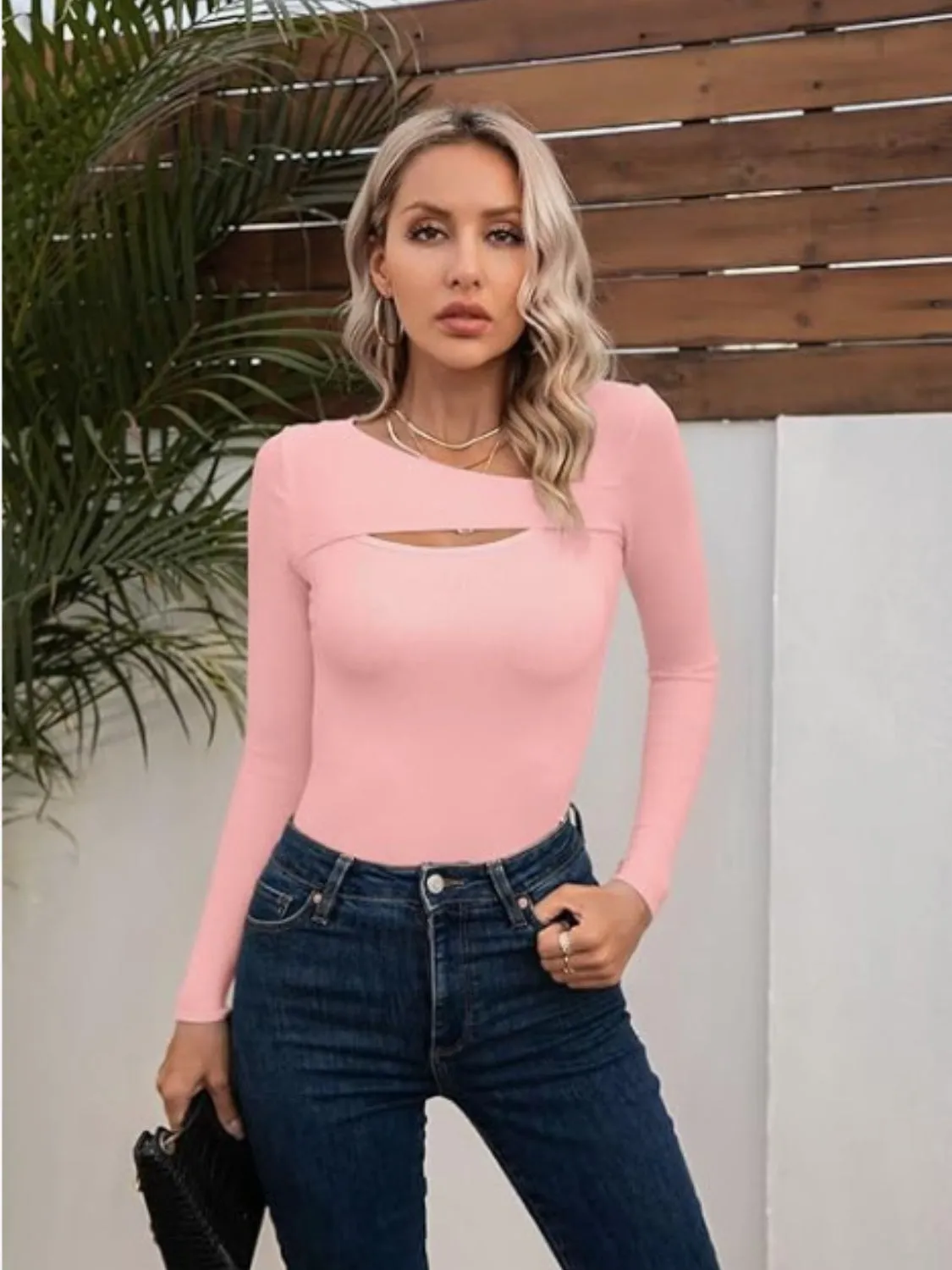 Long Sleeve T-Shirt Cotton Women's Basics Asymmetrical Neck Cutout Design Tight Slim Fit Top