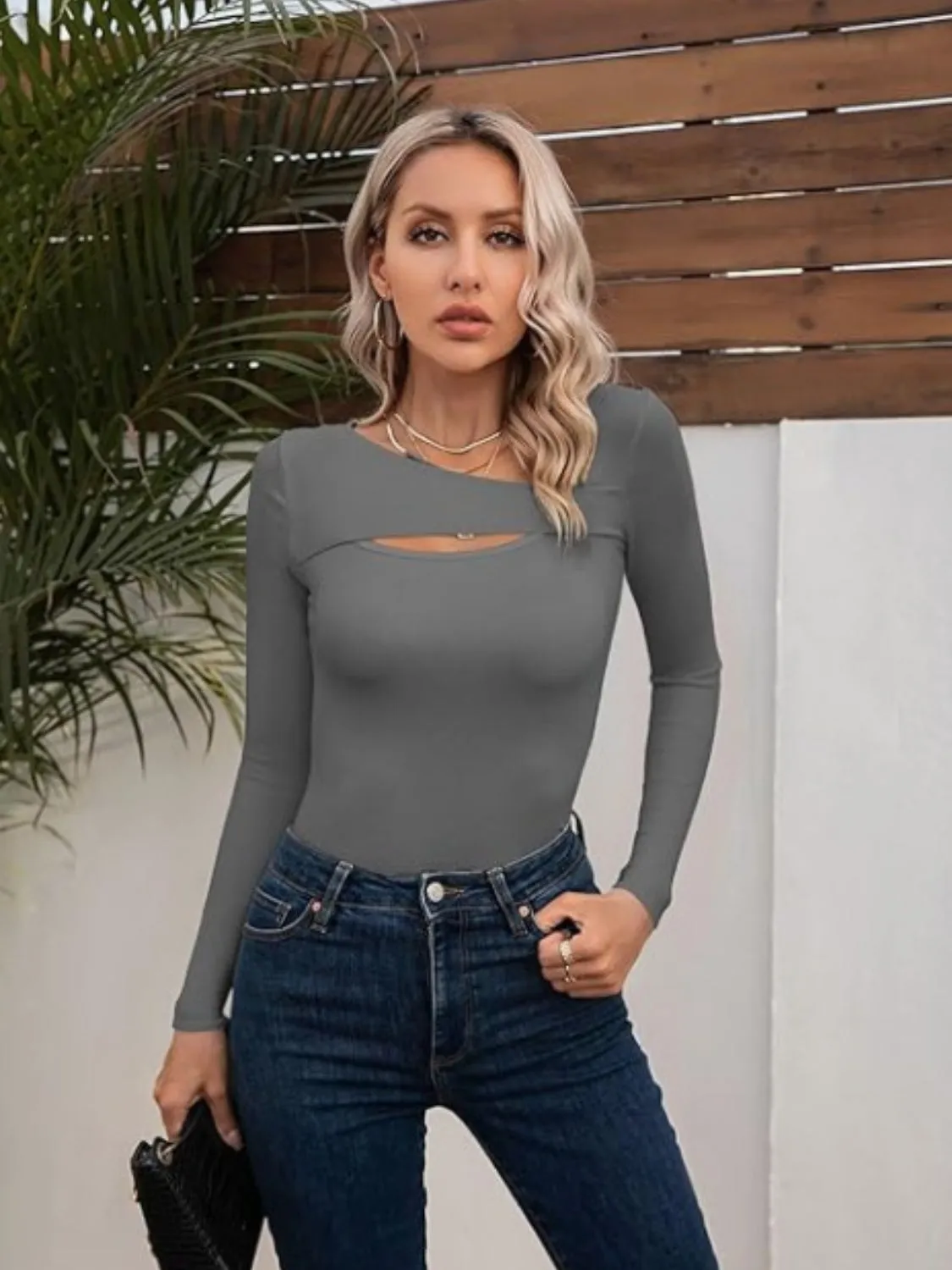 Long Sleeve T-Shirt Cotton Women's Basics Asymmetrical Neck Cutout Design Tight Slim Fit Top