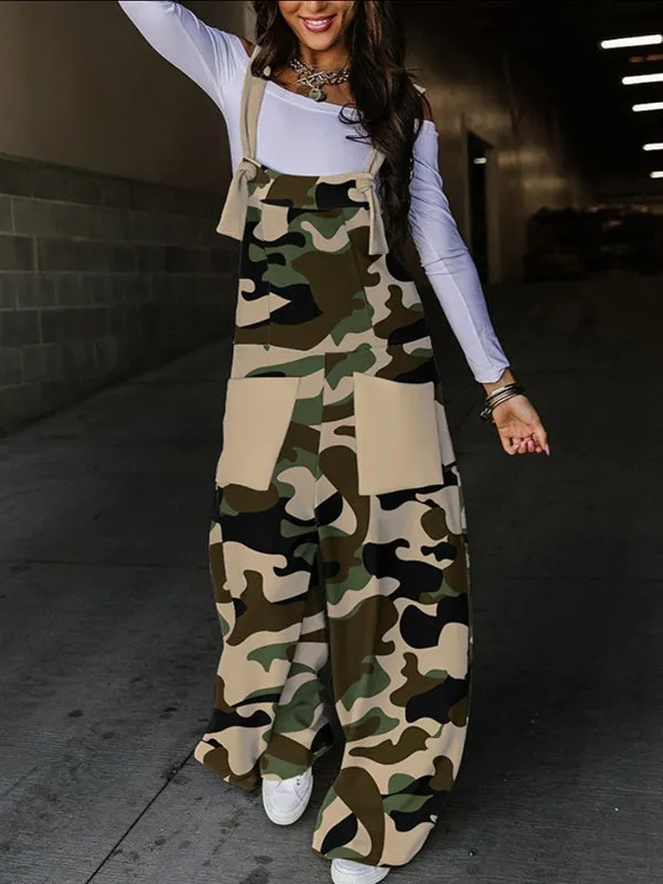 Loose Sleeveless Camouflage Knot Pockets Split-Joint Overalls