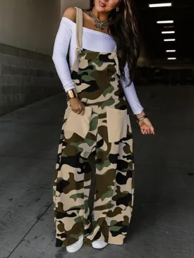 Loose Sleeveless Camouflage Knot Pockets Split-Joint Overalls