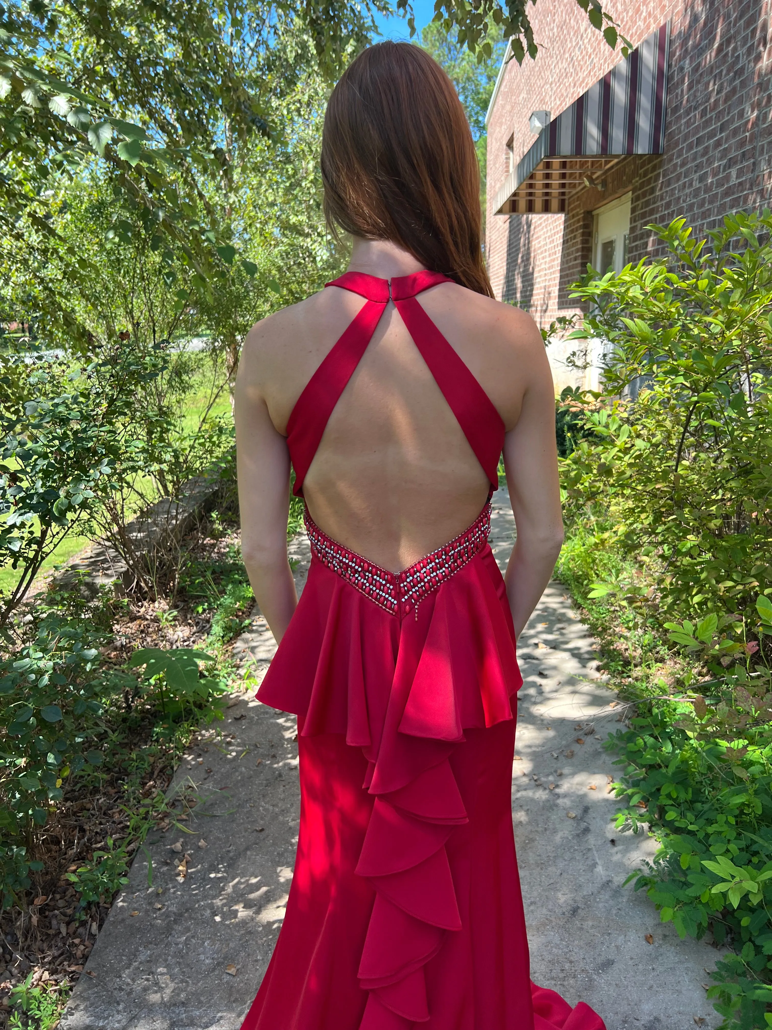 Lucci Lu 8242 Hot Red Low Back Fitted Dress with Ruffle Train